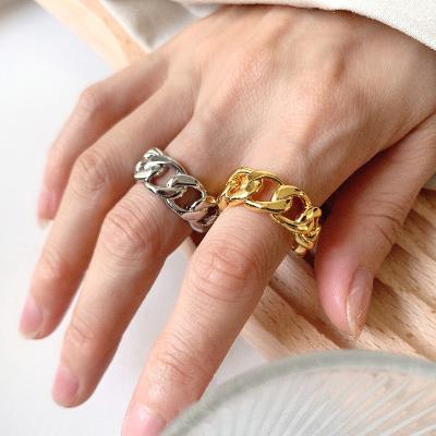 China 18K Gold Plated Chunky Chain Rings Hollow 18K Gold Plated Chunky Chain Rings Curb Link Hollow Twisted Geometric Rings For Women Stainless Steel Punk Minimalist Jewelry for sale