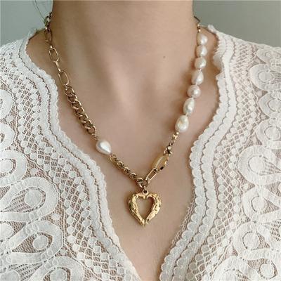 China Irregular Baroque Freshwater Pearl Necklaces Irregular Baroque Freshwater Pearl Necklaces Mixed Love Heart Necklaces Vintage Stainless Steel Choker Chain Hammered Necklaces for sale