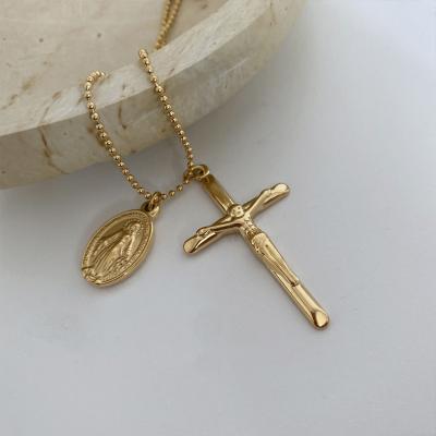 China Virgin Mary Jesus Double Pendants Mary Jesus Cross Necklaces Double Layered Pendants Virgin Coin For Cross Coin Necklaces Women Stainless Steel Necklace Layered Religious Minimalist Jewelry for sale