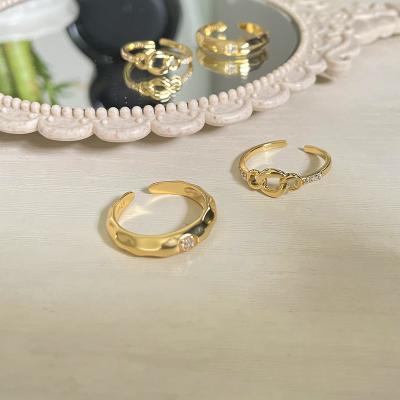 China 2 Designs Hammered Adjustable Zircon Rings 2 Designs Hammered Zircon Adjustable Rings Hollow Out Chain Ring Plain Korean Minimalist Sterling Gold 925 Silver Jewelry for sale