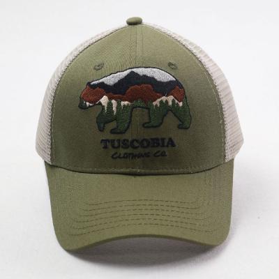 China Custom Wholesale COMMON Logo Mesh Green Color Trucker Caps 6 Panel Bear Embroidery High Quality Hat for sale