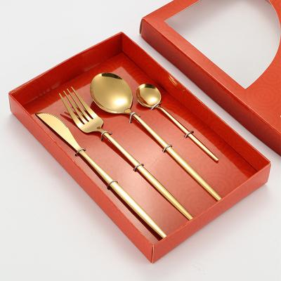 China Sustainable Hotel Tableware Gold Knife Fork Spoon 410 Stainless Steel Cutlery Set With Colorful Handle for sale