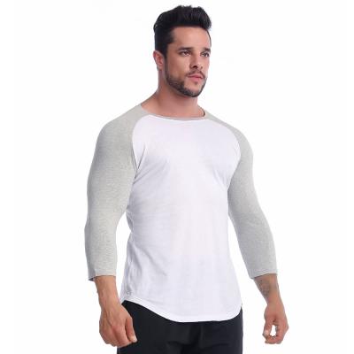 China Breathable Three Quarter Sleeve Running Fitness Shirt Cotton Color Block T-shirt Men's Gym Sport Top for sale