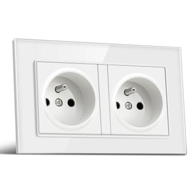 China With 1.4mm Iron Plate / With EU French Power Double Panel Tempered Glass Socket Holder Low Price Low Price EU Standard 2 Hole Socket Wall Outlet for sale