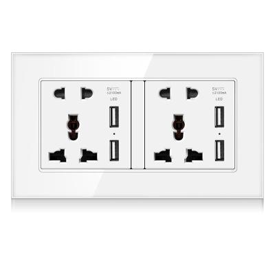 China 4 Universal Dual 5 Hole Panel Tempered Glass Socket USB Ports Power Charging Wall Socket With 4 USB Ports for sale