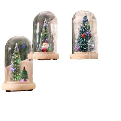 China Advertising Gifts Glass Cover Wooden Christmas Tree Ornaments Mini Christmas Tree Christmas Gifts Luminous Cedar for sale