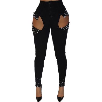 China Manufacturer Hollow Out Beading QUICK DRY bodycon smooth breathable corduroy solid color casual pants for women for sale