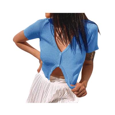 China 2021 Quick Selling Anti-wrinkle Women's Clothing Crop Top Knitted Button Up Short Sleeve Plain Ribbed T-shirt for sale