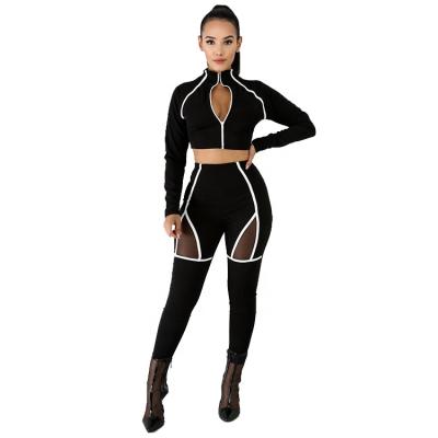 China Mesh Patchwork Anti-pilling Top Slim Fit Pants Long Sleeve Stand Collar Solid Cutout Crop Teams Casual Two-Piece Set for sale