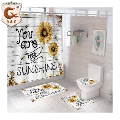 China Bathroom Set Hot Sale Sunflower New Design Digital Printed Shower Curtain Custom Stocked for sale