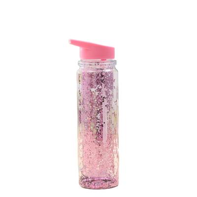 China Welford Sustainable Pink Glitter Dust Unique Double Walled Plastic Mineral Transparent Water Bottle With Straw for sale