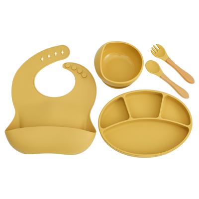 China Modern Baby Supplier Suction Bib Dish Bowl Spoon Fork Eco-Friendly Non-Toxic Tableware Sets Silicone Baby Tableware Set for sale