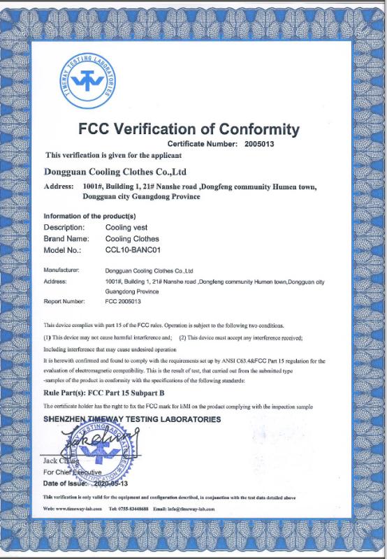 FCC - Dongguan Cooling Clothes Co., Ltd.