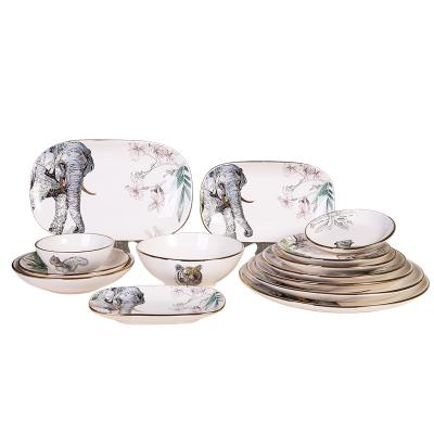 China Viable New Products Decal Printed Animal Pattern Plate Dinnerware Set Decorative Luxury Porcelain Dinner Sets With Gold Rim for sale