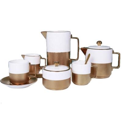 China 8 Pcs Gold Plating Teapot Set Sustainable Luxury Ceramic Coffee Mug Set Ceramic for sale