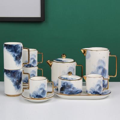 China Viable Blue Color Nordic Ceramic Coffee Cup Coffee Cup and Saucer Set for sale