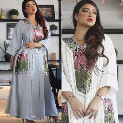 China Modest Muslimah Styling 2021 Fashion Women Islamic Dubai Muslim Sequin Embroidered Long Dress National Muslim Clothing for sale