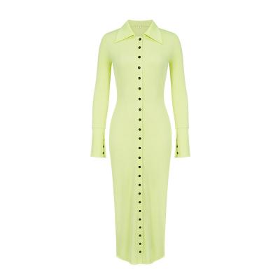 China 2022 Anti-Static European And American Elegant Commuter Dress Solid Color Autumn New Pleated One Step Knitted Middle Length Dress Women for sale