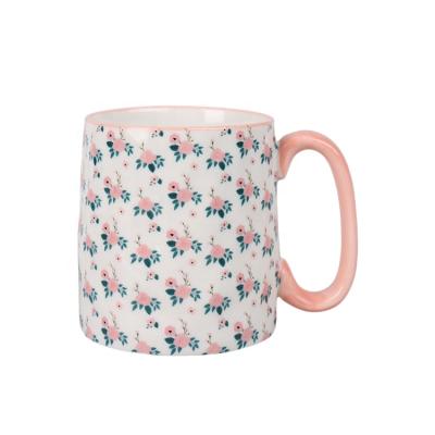 China Cute Korean Pink Cup Coffee Breakfast Stocked Ceramic Mug With Flower Decor For Girl Lady Microwave Safe for sale