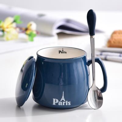 China Hot Sale Stocked Custom Logo Luxury Ceramic Coffee Mug With Lid And Spoon Morning Cup Tea Milk Mug for sale