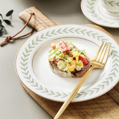 China Good Quality Luxury Ceramic Porcelain Stocked White Glaze Dish With Green Leaf Pattern Tableware for sale