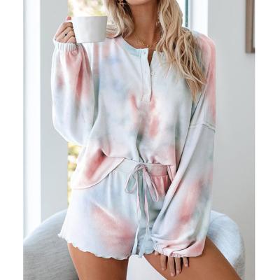 China QUICK DRY Custom Sexy Soft Comfortable Round Women's Lounge Wear Leisure Dye Tie Neck Nightgown Pajamas Set for sale