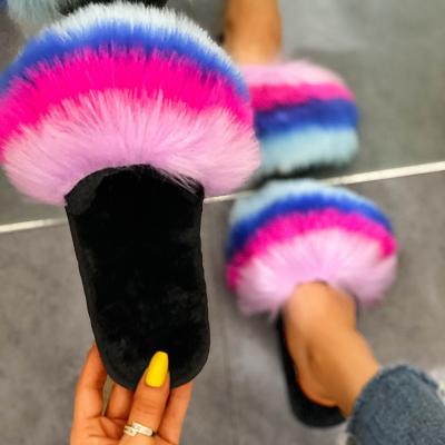 China 2020 Fashion Trend Women Faux Fox Fur Slides Fluffy Winter Lady Raccoon Fur Slippers Warm Home Slipper Flip Flop Plush Shoes for sale