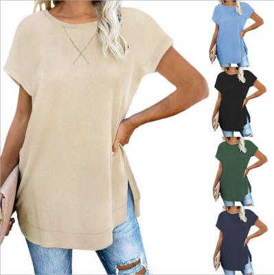 China Summer Breathable Women Round Neck Casual Short Solid Color Loose Sides Split T-shirt Top Super Quality for sale