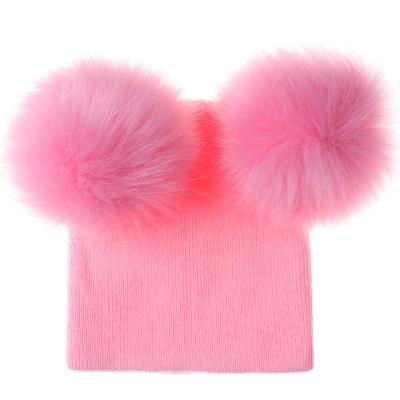 China Baby Kids Winter COMMON Cute Crochet Knitted Hat Wool Fur Flip Ball Pompom Beanies Hat for sale