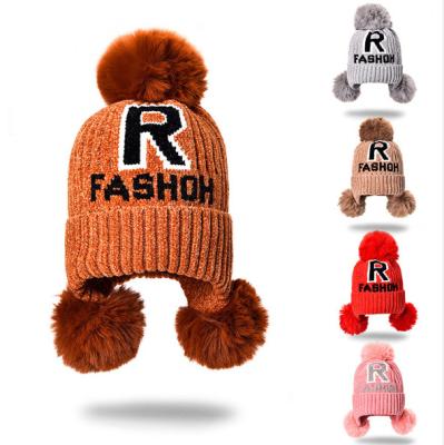 China Baby Kids Winter COMMON Cute Crochet Knitted Hat Wool Fur Flip Ball Pompom Beanies Hat for sale