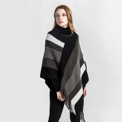 China Plaid Ladies Warm Cashmere Poncho Cozy Plaid Winter Cape Striped Ponchos For Women for sale