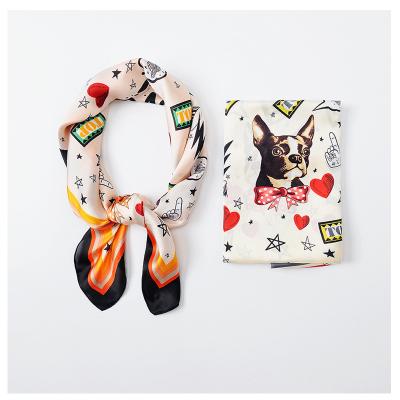 China Korean Comfortable Faux Dog Floral Print New Fashion Style Satin Bandana Silk Scarf 70x 70cm Headscarf for sale