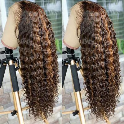 China Deep Wave Natrual Black Blonde Highlights Pre Plucked Curly Lace Front Raw Virgin Human Hair Transparent Wigs Deep Wave HD Wig Mix Color for sale