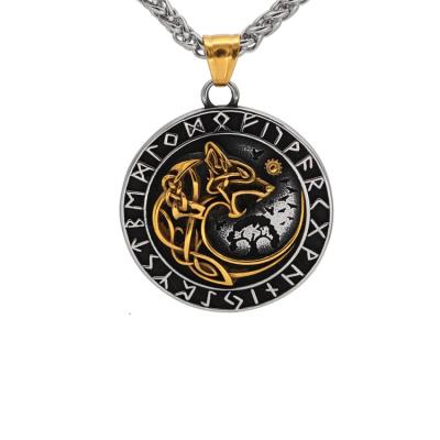 China High Quality Amulet Jewelry Nordic Norse Viking Wolf Head Charm Rune Pendant Viking Necklace For Men for sale