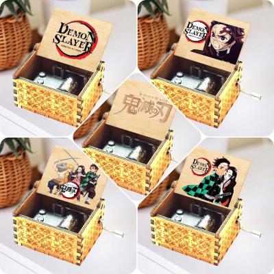 China Crank Melody Laser Engraved Demon Slayer Kimetsu High Quality No Yaiba Anime Wooden Music Box for sale