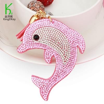 China New Rhinestone Jewelry Dolphin Key Chain PU Leather Tassel Cute Animal Leather Keychain Pendant Bag Accessories for sale