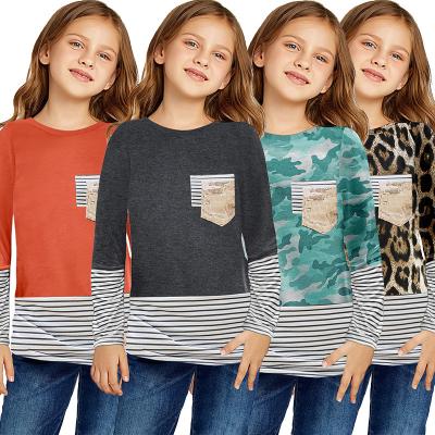 China High Quality Autumn Casual Sleeve Short Striped Long Sleeve With Tops And Pocket Girls T-Shirt for sale