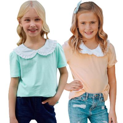 China Breathable Custom Design Little Girl Clothes Peter Pan Collar Short Sleeve Girls Kids Tops for sale