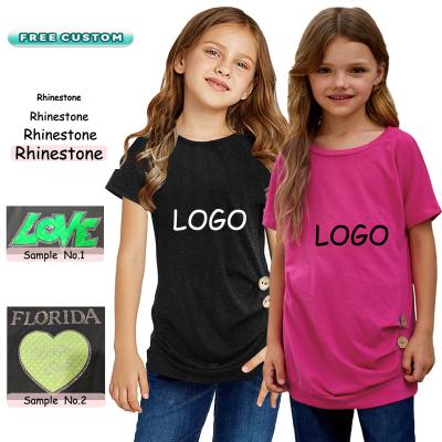 China Custom Logo Printing Button Desgin Blank Short Sleeve Girls T-shirts Children Kids T-shirt For Girls for sale