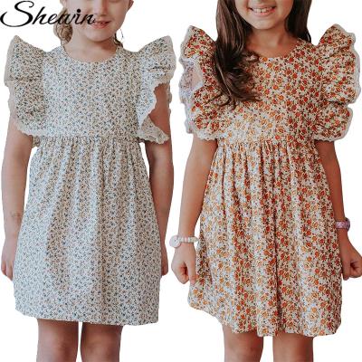 China Fashion Summer Breathable Wholesale Floral Print Ruffled Sheath Kids Children Casual Dresses For Girls for sale