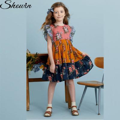 China New Arrivals 10 Year Girl Kids Breathable Ruffles Sleeveless Colorblock Floral Print Dresses 6 to 14 Years for Party for sale