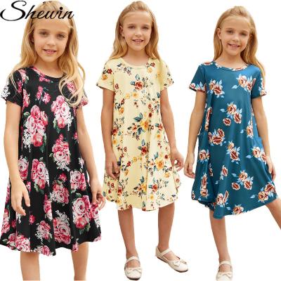 China New Design Summer Short Sleeve Breathable Floral Print T-shirt Small Midi Girls Dress Kids for sale