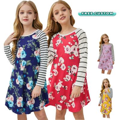 China 2022 Casual Striped Floral Print Breathable Long Sleeve Children Autumn Dress Girls for sale