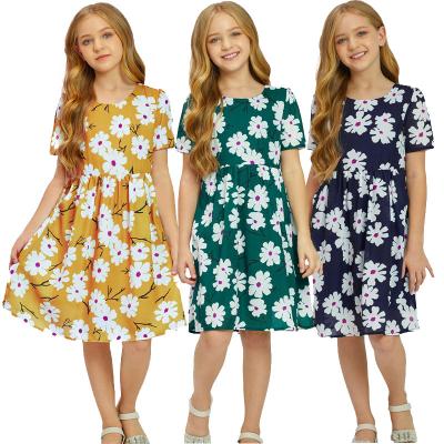 China Summer Fashion Breathable Wholesale Short Sleeve Floral Kids Dresses For Baby Kids Party Clothing for sale