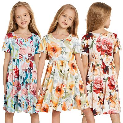 China New Design Summer Fashion Breathable Short Sleeve Floral Dress For Kids Baby Kids 2-10 for sale