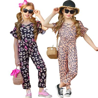 China Breathable Hot Sale Summer Ruffles Sleeve Leopard Ribbed Overalls Rompers And Rompers Babies Set for sale