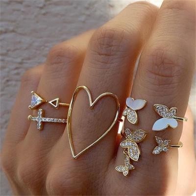 China 5 Pieces Romantic Diamond Cross Triangle Hollow Heart Butterfly Adjustable Ring Jewelry For Women Men for sale