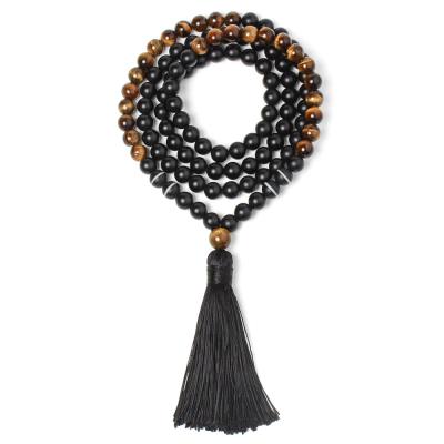 China High Quality Stone Rosary Black Agate With Tiger Eye Bead Tassel Long Necklace Sweater Chain for sale