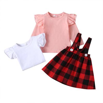 China Breathable Girls Clothes Red Plaid Bib Skirt Long Sleeve T-Shirt Autumn Kids 2 Pieces Set Hot Sale for sale