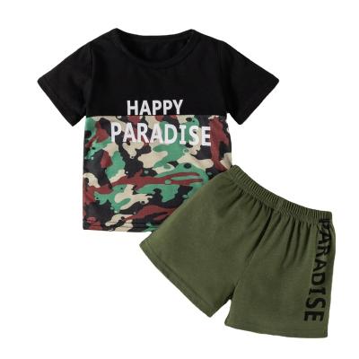 China 2022 Summer New Design Casual Baby Clothes Boys Letter Camouflage Print Short Sleeve T-shirt + Shorts Two Piece Set for sale